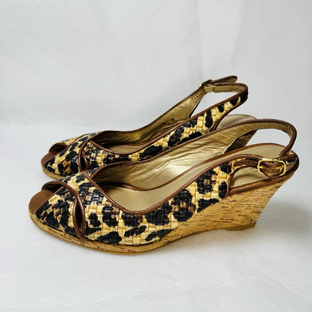 Stuart Weitzman Women 8.5 M Leopard Raffia Cork Wedge Slingback Sandals